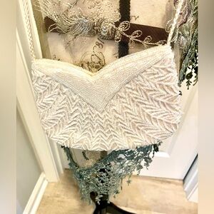 Vintage Champagne Ivory Satin Beaded Evening Bag / Clutch
